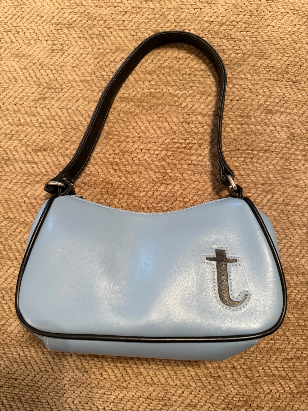 Slate Blue Hobo bag purse, black initial “T” and strap